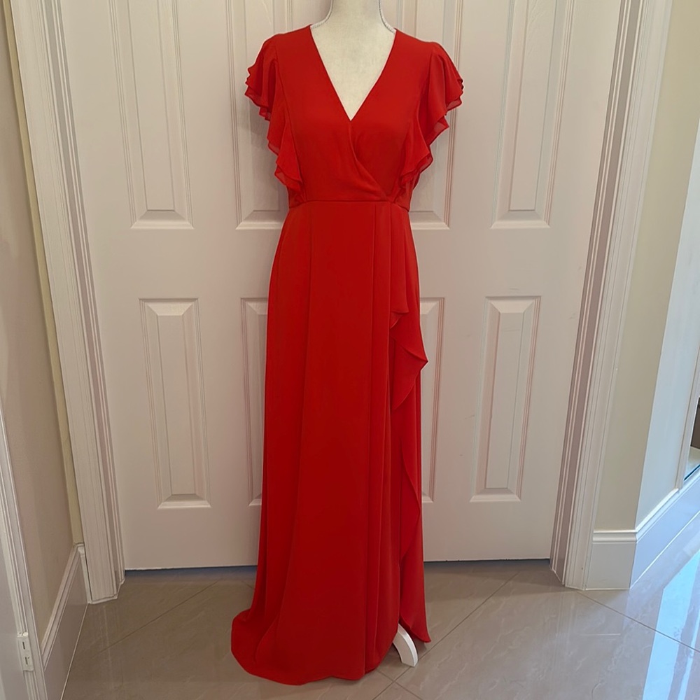 Small BCBGMAXAZRIA red full length gown with ruffle sleeves and side slit. NBW.